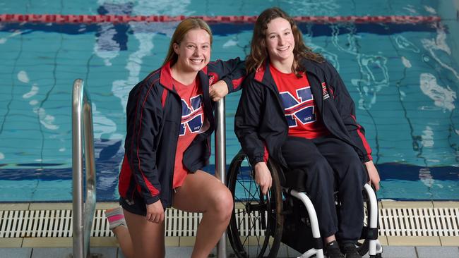 Norwood Swimming Club members Izzy Vincent (para swimmer) and Emily White (able body) are both Australian junior squad members and will be competing in the 14 years and over SA Short Course Swimming Championships which<i> The Advertiser </i>will live stream. Picture: Naomi Jellicoe