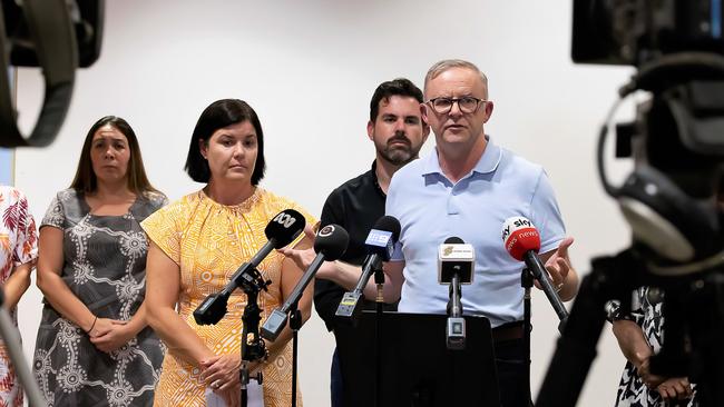 Chief Minister Natasha Fyles, flanked by the PM in Alice Springs on Tuesday, announced snap restrictions on buying takeaway alcohol. Picture: NCA NewsWire/Sabine Haider