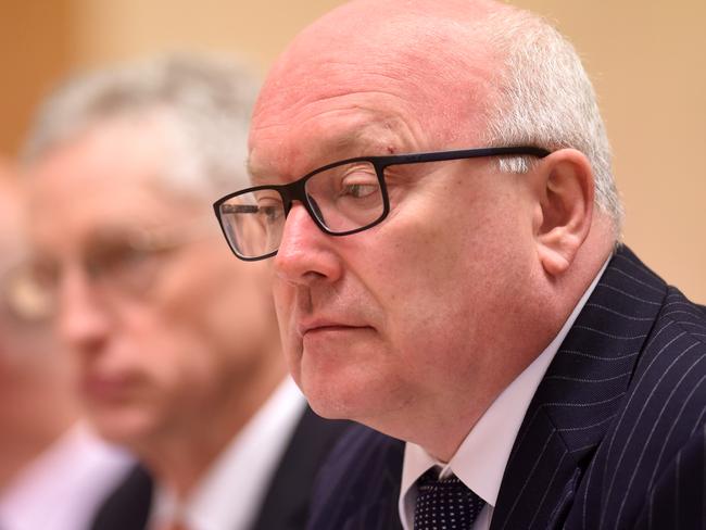 Australia's Attorney-General George Brandis speaks at a Finance and Public Administration Senate Estimates Hearings at Parliament House in Canberra, Monday.