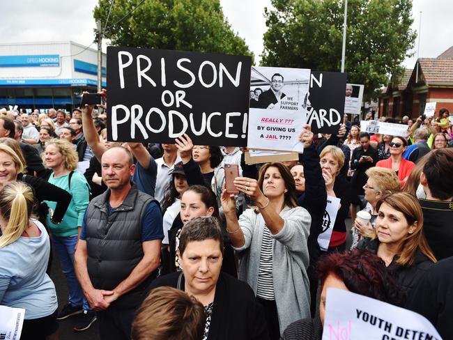 Locals gather to protest against the building of a youth justice centre in Werribee. Picture: Jake Nowakowski