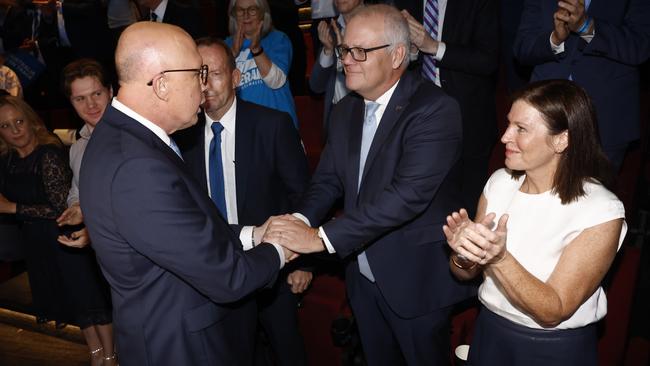 Petter Dutton shaking hands with former prime minister Scott Morrison at the Liberal Party campaign launch in April. Picture: Richard Dobson/NewsWire