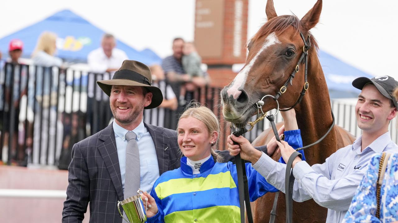 Ciaron Maher and Jamie Melham with Another Wil after he won the CF Orr Stakes at Caulfield on Saturday. Photo: George Sal/Getty Images.