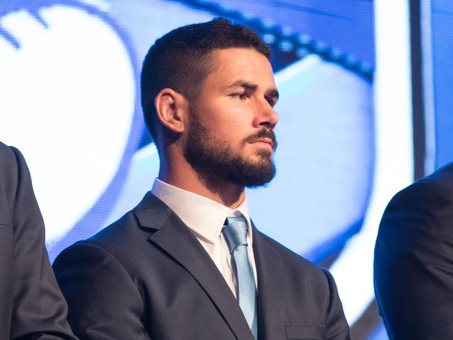 SYDNEY, AUSTRALIA - MAY 22:  Aaron Woods, Nathan Peats and Andrew Fifita stand on stage during the New South Wales State of Origin team announcement at The Star on May 22, 2017 in Sydney, Australia.  (Photo by Mark Kolbe/Getty Images)