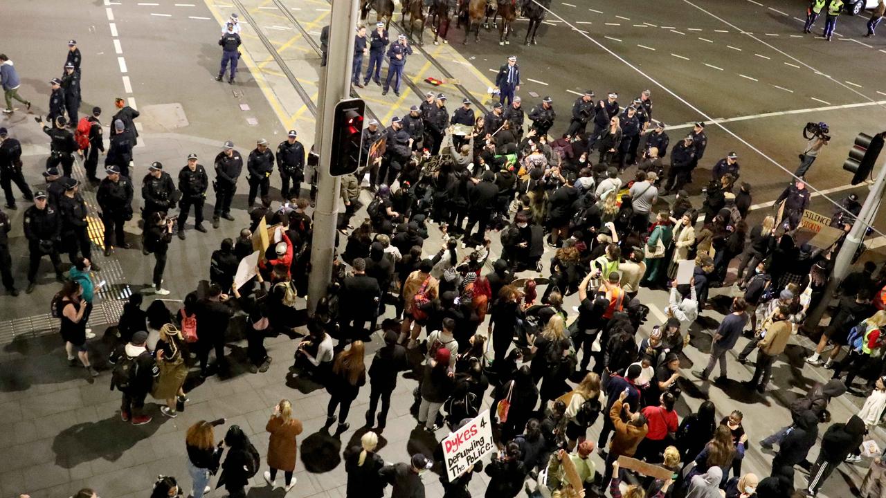 Police surround protesters outside Central Station on June 6. Picture: Damian Shaw