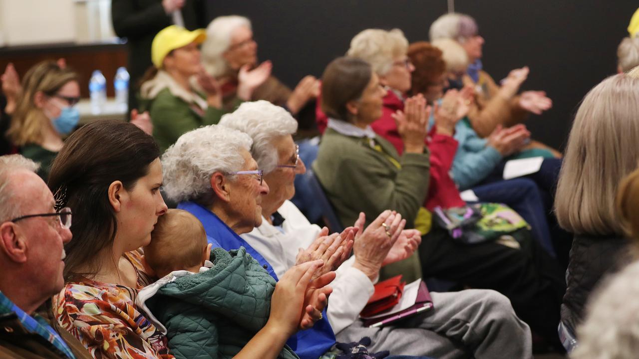 Concerned residents listen to a Q&amp;A with councillors during a special forum at Geelong West Town Hall earlier this month. Picture: Alan Barber