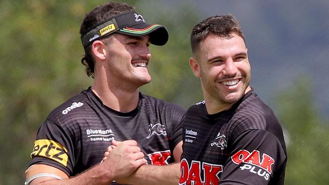 Nathan Cleary (left) with stand-in halfback Sean O’Sullivan. Picture: Toby Zerna