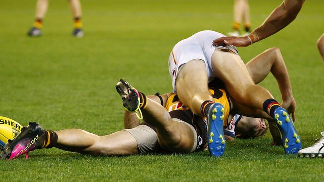 Brodie Smith was penalised for a push in the back on Paul Puopolo. Picture: Wayne Ludbey