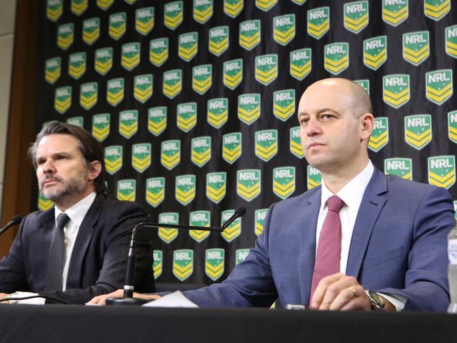 Nick Weeks, head of the NRL Integrity Unit, with NRL CEO Todd Greenberg at yesterday’s press conference into the Parramatta Eels. Picture: Bob Barker