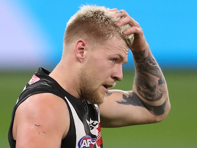 PERTH, AUSTRALIA - JULY 16: Jordan De Goey of the Magpies looks on during the round 7 AFL match between the Geelong Cats and the Collingwood Magpies at Optus Stadium on July 16, 2020 in Perth, Australia. (Photo by Paul Kane/Getty Images)