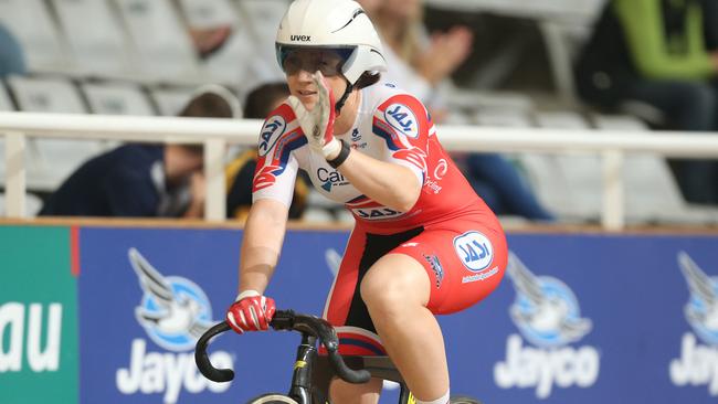 Anna Meares (South Australia) after winning the Team Sprint with Stephanie Morton (not in this image). Track Cycling at Adelaide Super-Drome, night 1. 03/02/16 Picture: Stephen Laffer