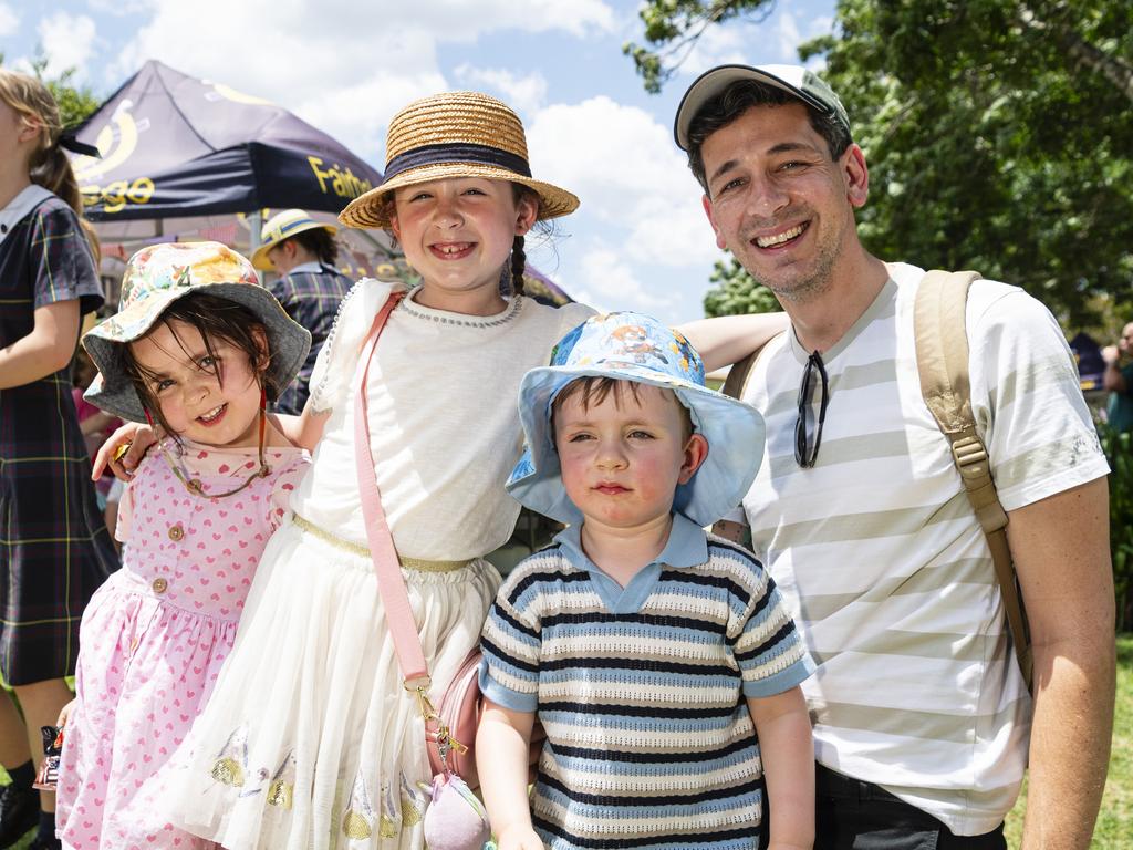 At the Fairholme Spring Fair are (from left) Posie, Navy, Wellington and Cameron Francis, Saturday, October 19, 2024. Picture: Kevin Farmer