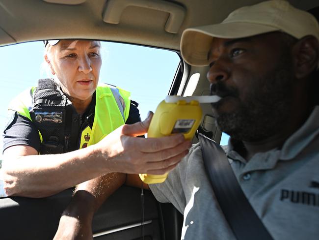 10/04/2023: Queensland Police Commissioner Katarina Carroll testing with random breath tests at an RBT site in Archerfield, Brisbane,  over the easter break.  pic Lyndon Mechielsen/Courier Mail