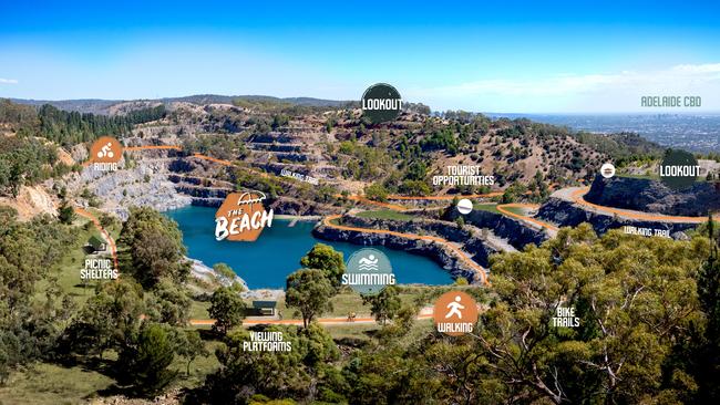 Crystal Lake Recreation Park could become a 350-hectare adventure tourism destination at Highbury, in the north-eastern suburbs, where a disused quarry currently sits behind fences. Picture: Supplied