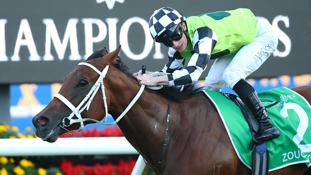 SYDNEY, AUSTRALIA - APRIL 13: James Mcdonald riding Zougotcha  wins Race 9 Grainshaker Vodka Queen of the Turf during Sydney Racing: The Championships at Royal Randwick Racecourse on April 13, 2024 in Sydney, Australia. (Photo by Jeremy Ng/Getty Images)