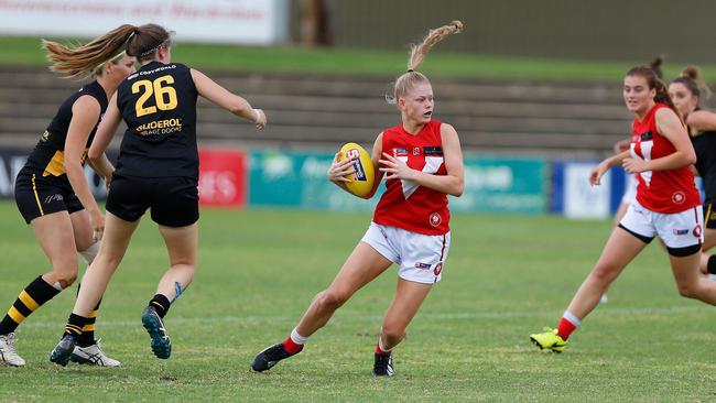 North Adelaide's Ashleigh Woodland in action against Glenelg in 2018. Picture: Deb Curtis