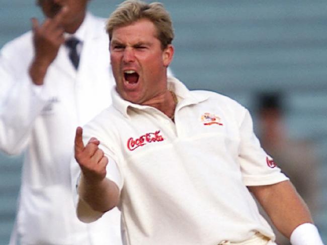 Cricketer Shane Warne celebrating his 355th wicket. Cricket - Australia vs New Zealand First Test match at Eden Park 13 Mar 2000. a/ct