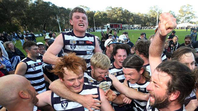 Lockington Bamawm United players celebrate their premiership win over Mt Pleasant. Picture Yuri Kouzmin