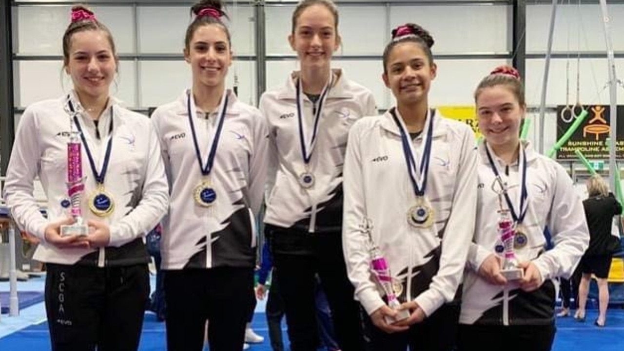 Grace Villano, Ava Villano, Kristina Lazarus, Arielah Daybell and Tahlia Shields from the Sunshine Coast Gymnastics Academy.