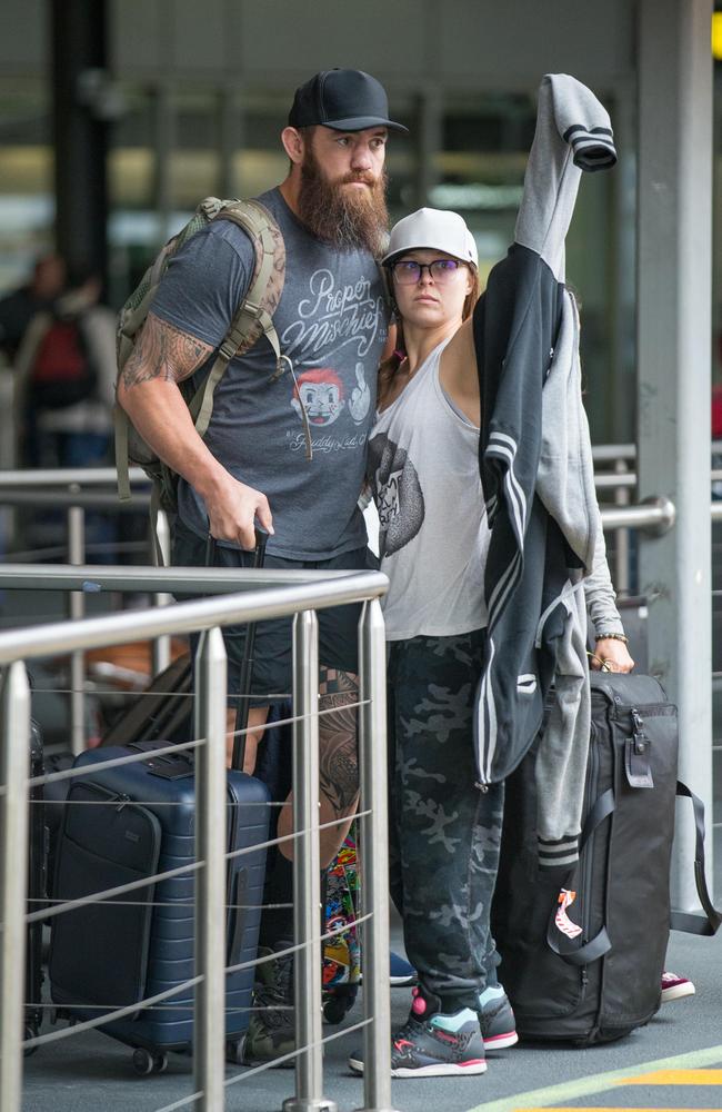 Ronda Rousey arrives into Melbourne airport with husband Travis Browne. Picture: Splash News