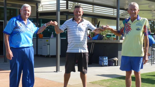 Winners of the Adam Hart Farewell Open Pairs: John Deale and Greg Dickman with Adam Hart (centre)