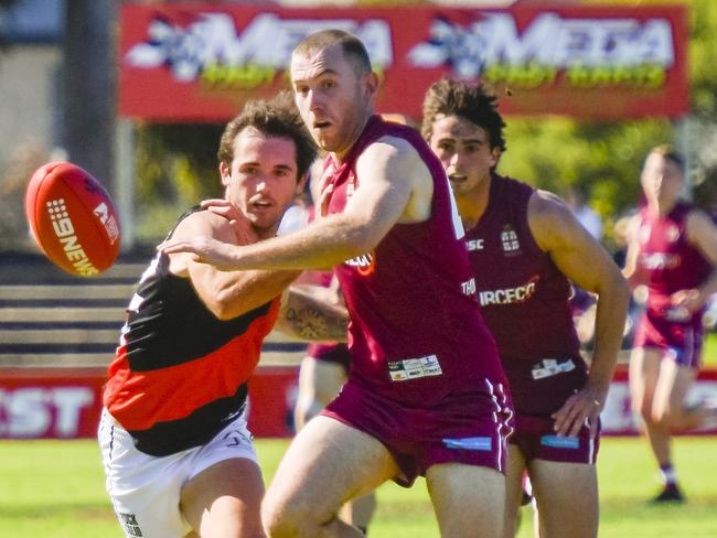 Saturday 16 September  2023 Adelaide Footy League Division 1 preliminary final Prince Alfred Old Collegians, Cameron Pritchard.Tea Tree Gully, Brodie LathamPic  Roy VanDerVegt