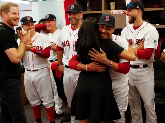 LONDON, ENGLAND - JUNE 29:  Prince Harry, Duke of Sussex and Meghan, Duchess of Sussex meet members of the Boston Red Sox before their game against the New York Yankees at London Stadium on June 29, 2019 in London, England. The game is in support of the Invictus Games Foundation. (Photo by Peter Nicholls - WPA Pool/Getty Images) *** BESTPIX ***