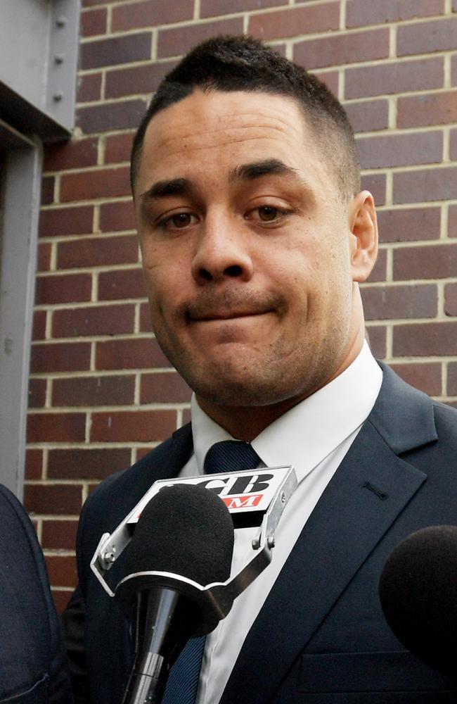 Jarryd Hayne leaves Burwood Court in Sydney last year where he faces separate assault charges. Picture: Tracey Nearmy/Daily Telegraph