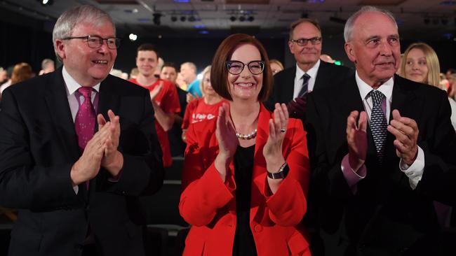 Former Australian Prime Ministers Kevin Rudd, Julia Gillard and Paul Keating at Bill Shorten’s campaign launch. Picture: AAP / Lukas Coch