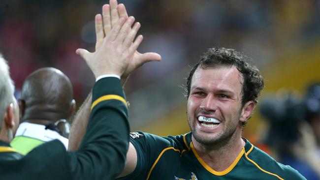 Bismarck du Plessis of South Africa celebrates a try against the Wallabies.