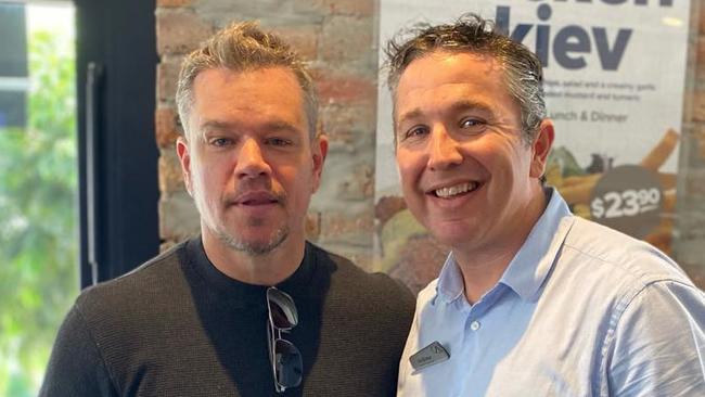 Matt Damon at the QA Hotel in Brisbane on May 7 with venue manager Andrew Potter