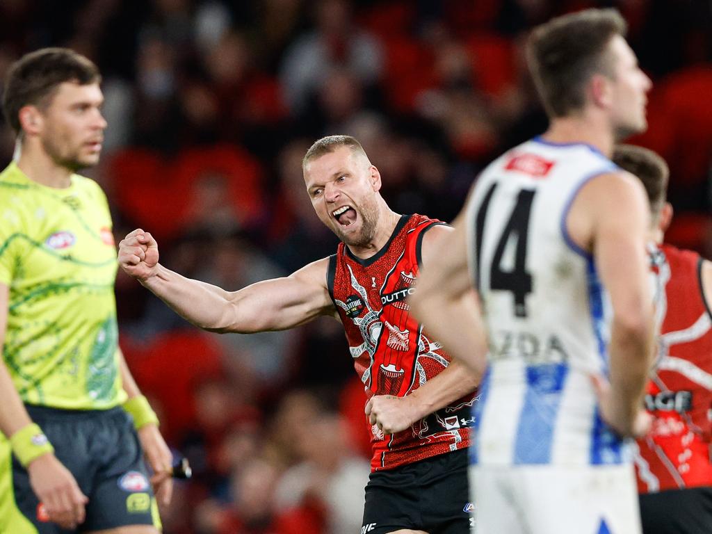 MELBOURNE, AUSTRALIA - MAY 19: Jake Stringer of the Bombers celebrates a goal during the 2024 AFL Round 10 match between the Essendon Bombers and the North Melbourne Kangaroos at Marvel Stadium on May 19, 2024 in Melbourne, Australia. (Photo by Dylan Burns/AFL Photos via Getty Images)