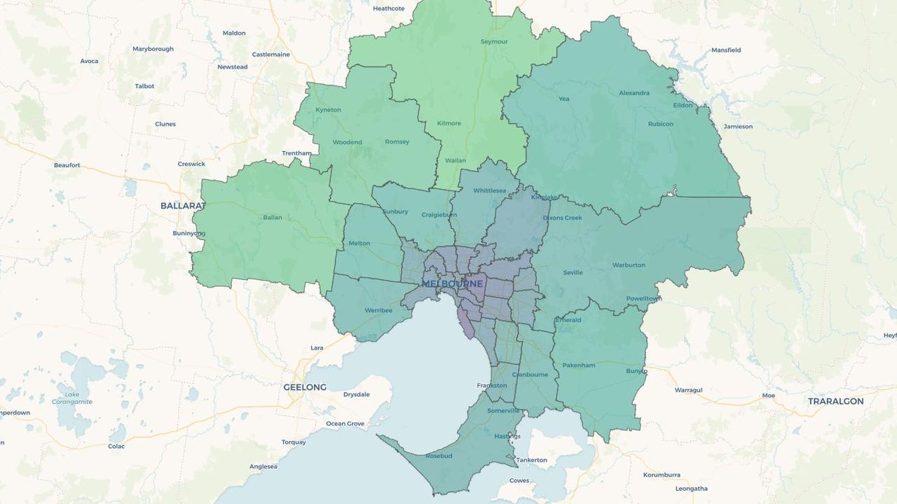 In week five of Melbourne’s lockdown, movement had reduced by about 26 per cent on weekdays and 41 per cent on weekends. The darker the shade, the lesser the movement. Picture: DSpark.