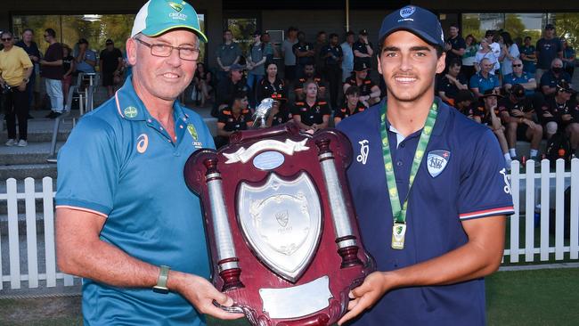 NSW Metro captain Joel Davies accepts the winners shield at Karen Rolton Oval 22 December, 2022, Cricket Australia U19 Male National Championships 2022-23.Picture: Cricket Australia.