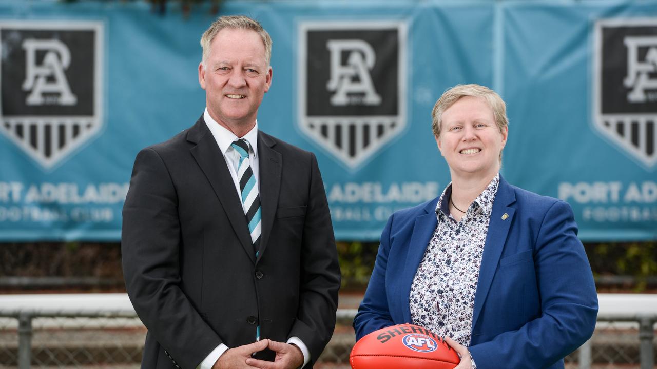 Port Adelaide CEO Matthew Richardson at a Flinders education-based announcement last year. Picture: Stories Well Told