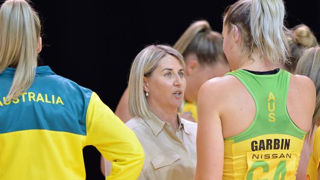 Head Coach Stacey Marinkovich of Australia (C) speaks to Sophie Garbin during the Constellation Cup in New Zealand. Picture: Getty Images