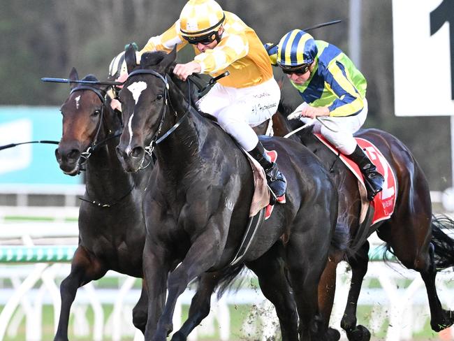 Jockey Adam Hyeronimus wins the Gold Coast Bracelet on Gai Waterhouse and Adrian Bott-trained Amazonian Lass. Picture: Grant Peters, Trackside Photography.