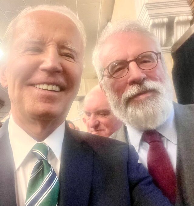 Joe Biden snaps a selfie with Gerry Adams in Dublin on Thursday. Picture: Twitter