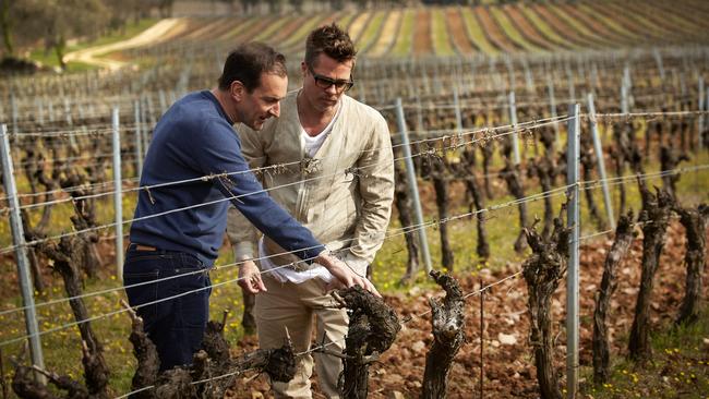 Brad Pitt and Marc Perrin at Chateau Miraval. Picture: Serge Chapuis/Chateau Miraval/Mega