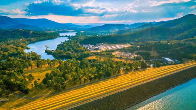 Aerial landscape of Eildon dam and Goulburn River at sunset