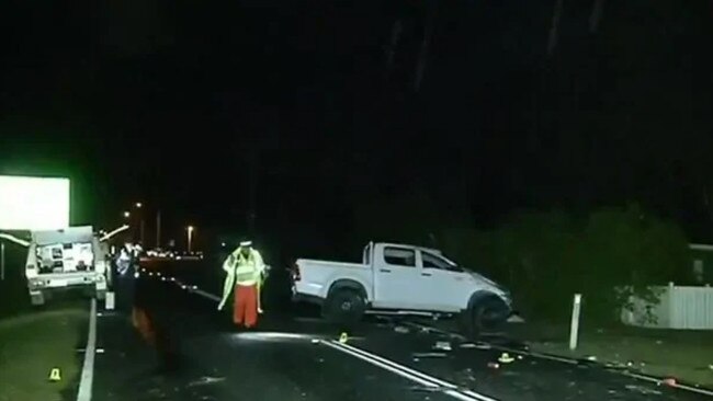 Police and emergency service workers at the scene of the crash in which Slayde Collins died and his partner Tamzyn Rodda was critically injured, on the weekend.