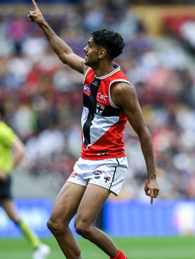 Nasiah Wanganeen-Milera celebrates kicking a goal in St Kilda’s Round 1 loss to Adelaide. Picture: Mark Brake/Getty Images