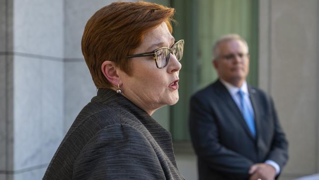 Prime Minister Scott Morrison and Minister for Foreign Affairs Marise Payne hold a press conference at Parliament House this week. Picture: NCA NewsWire / Martin Ollman