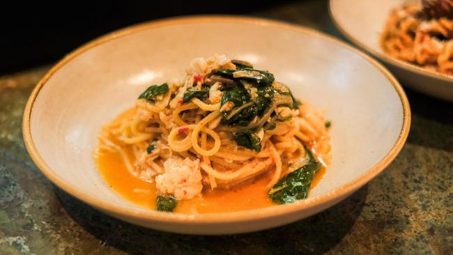 Spaghetti with blue swimmer crab and silverbeet at Enoteca Lounge and Cucina. Picture: Supplied