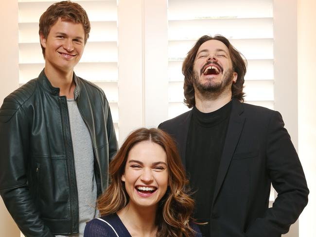 Stars of the movie Baby Driver Ansel Elgort (L), Lily James (C) and director Edgar Wright (R) pictured at the Langham Hotel in Sydney. Picture: Toby Zerna