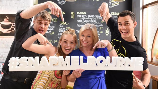 Neighbours stars Damien Richardson, Lilly Van der Meer, Colette Mann and Andrew Morley get behind SnapMelbourne. Picture: Lawrence Pinder