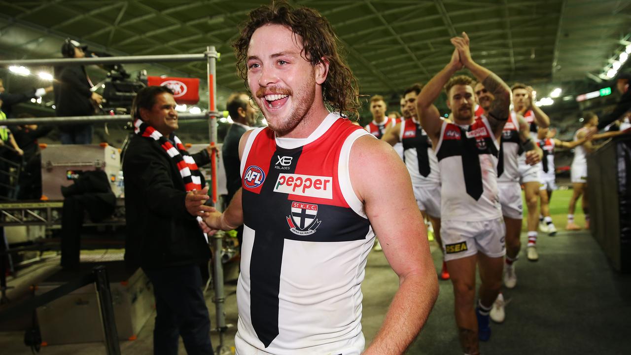 Jack Steven celebrates a win at Marvel Stadium earlier this season.