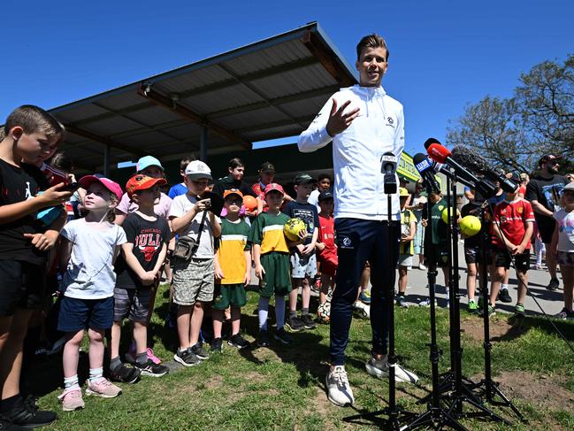 Socceroo Mitch Langerak was a hit with the juniors at Mitchelton Football Club on Tuesday. Picture: NCA NewsWire / Dan Peled