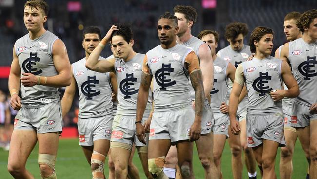 The Blues leave the field after last week’s loss to St Kilda. Pic: AAP