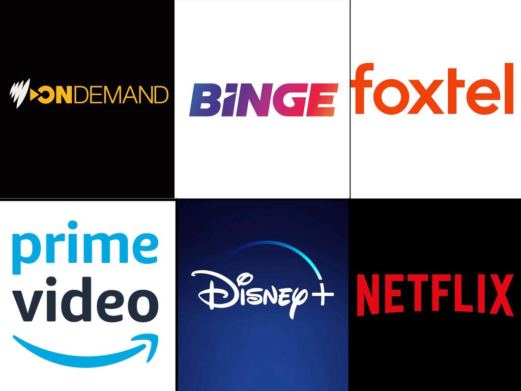 4:3 crop - Australia streaming services logo composite. Binge, Stan, Foxtel, Amazon, Disney, Netflix.