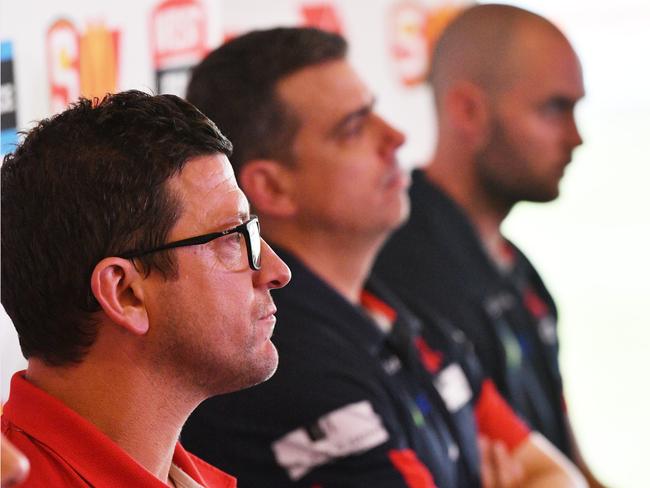 North Adelaide coach Josh Carr speaks to the media at Adelaide Oval about the SANFL tribunal’s decision. Picture: AAP / David Mariuz